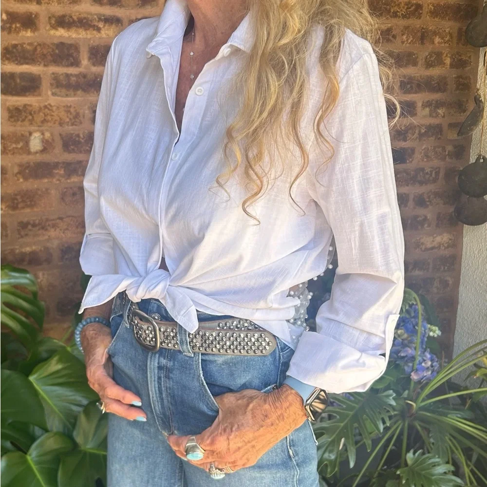 White Blouse with Crisp Collar and Sheer back with Pearl Detail - Picture 2 of 6